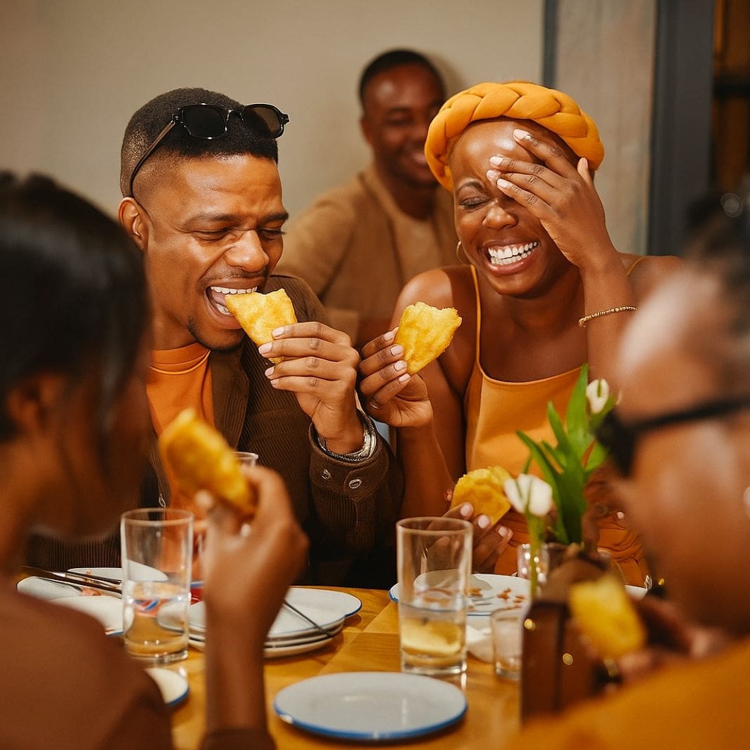 people eating corn empanadas at a part in the UK