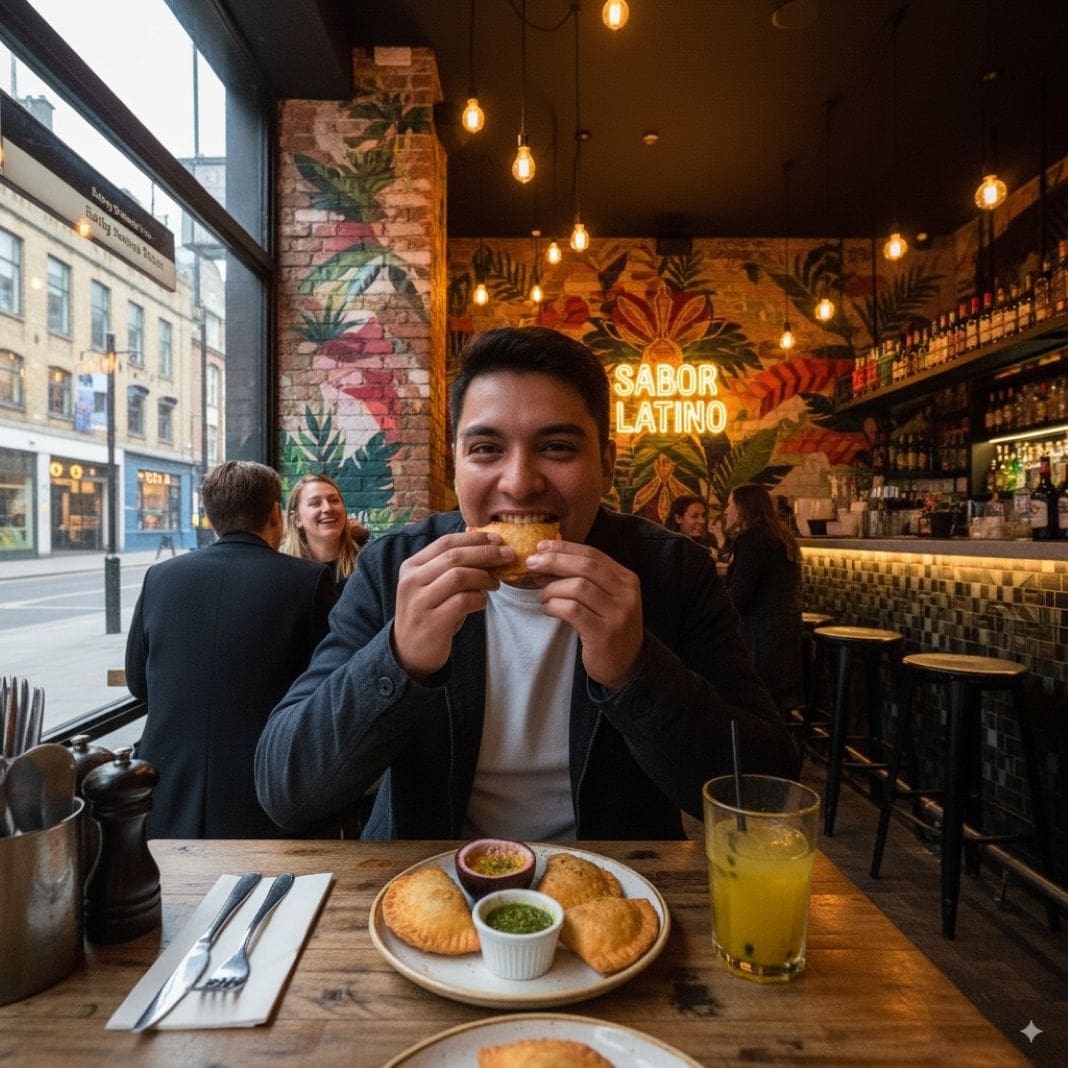 An AI photo of a customer with a plate of corn empanadas in a restaurant eating them