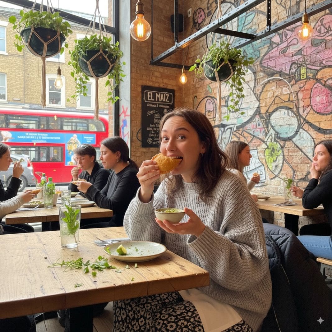 an AI photo of customer eating a corn gluten free empanada in a restaurant in london