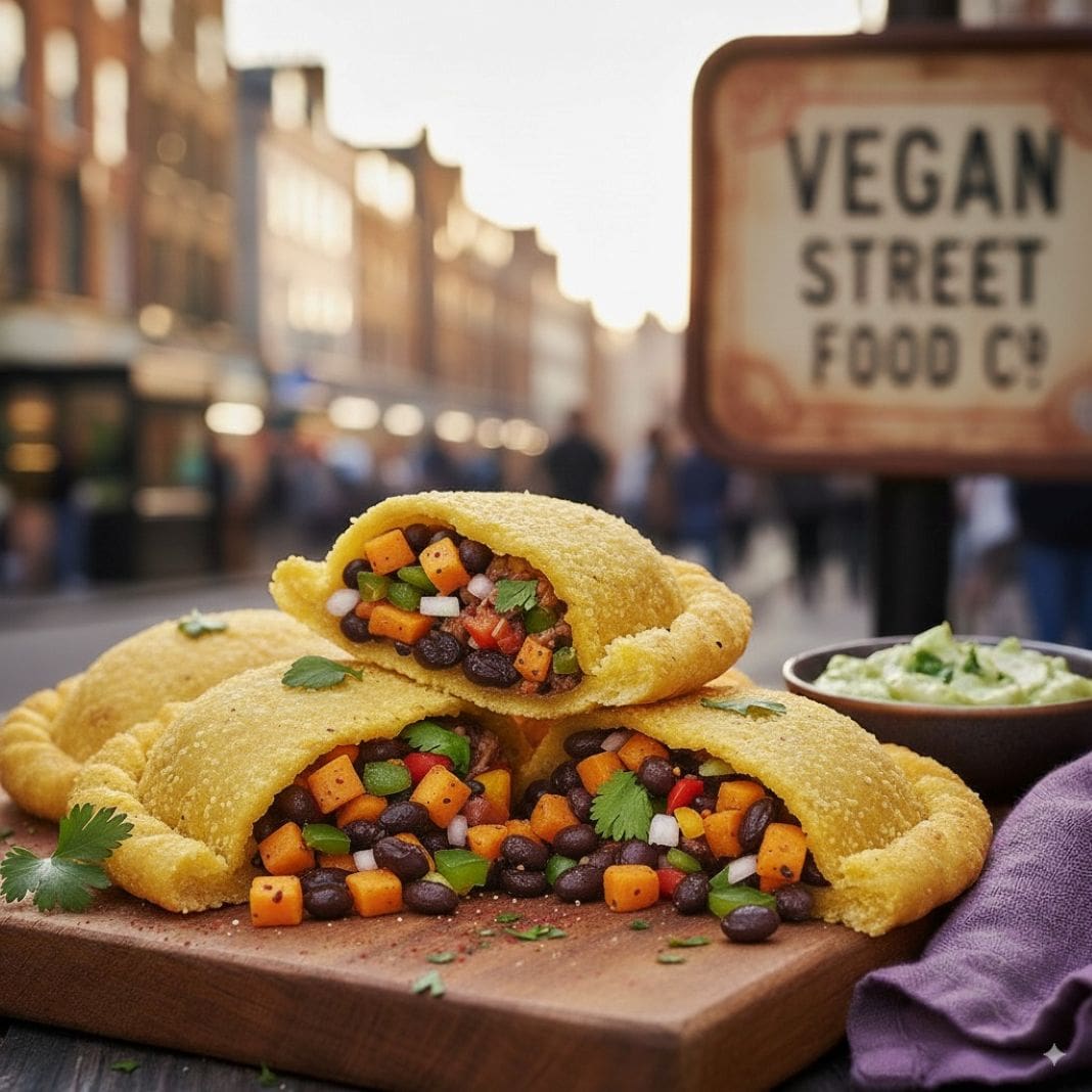 An ai photo of a vegan empanada at a street food festival