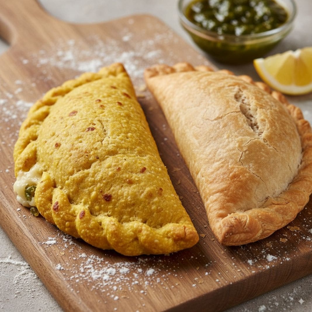 a photo of a gluten free empanada vs regular empanada