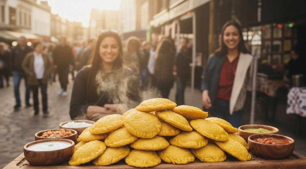an AI generated photo of halal empanadas being sold in a food market