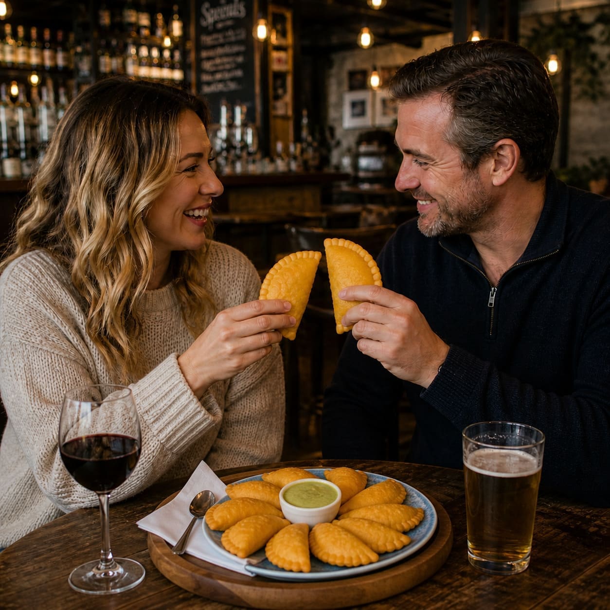 Couple sharing empanadas over wine and beer at in a pub - Illustrative Image