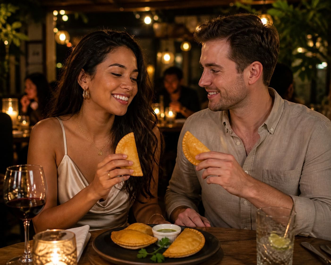 Couple smiling while sharing freshly baked empanadas at dinner table - Illustrative Image
