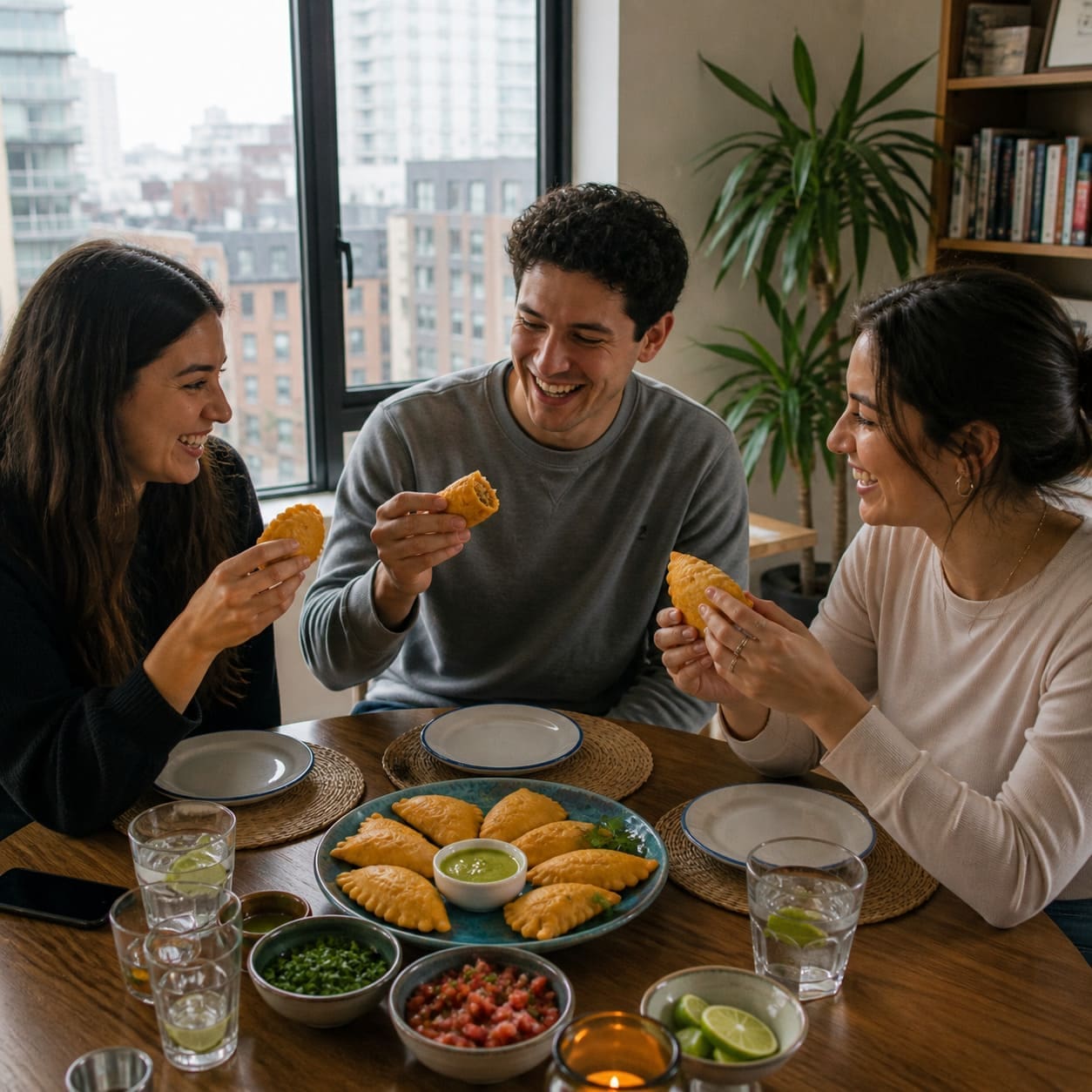 Friends sharing freshly baked empanadas with sauces indoors – Illustrative Image