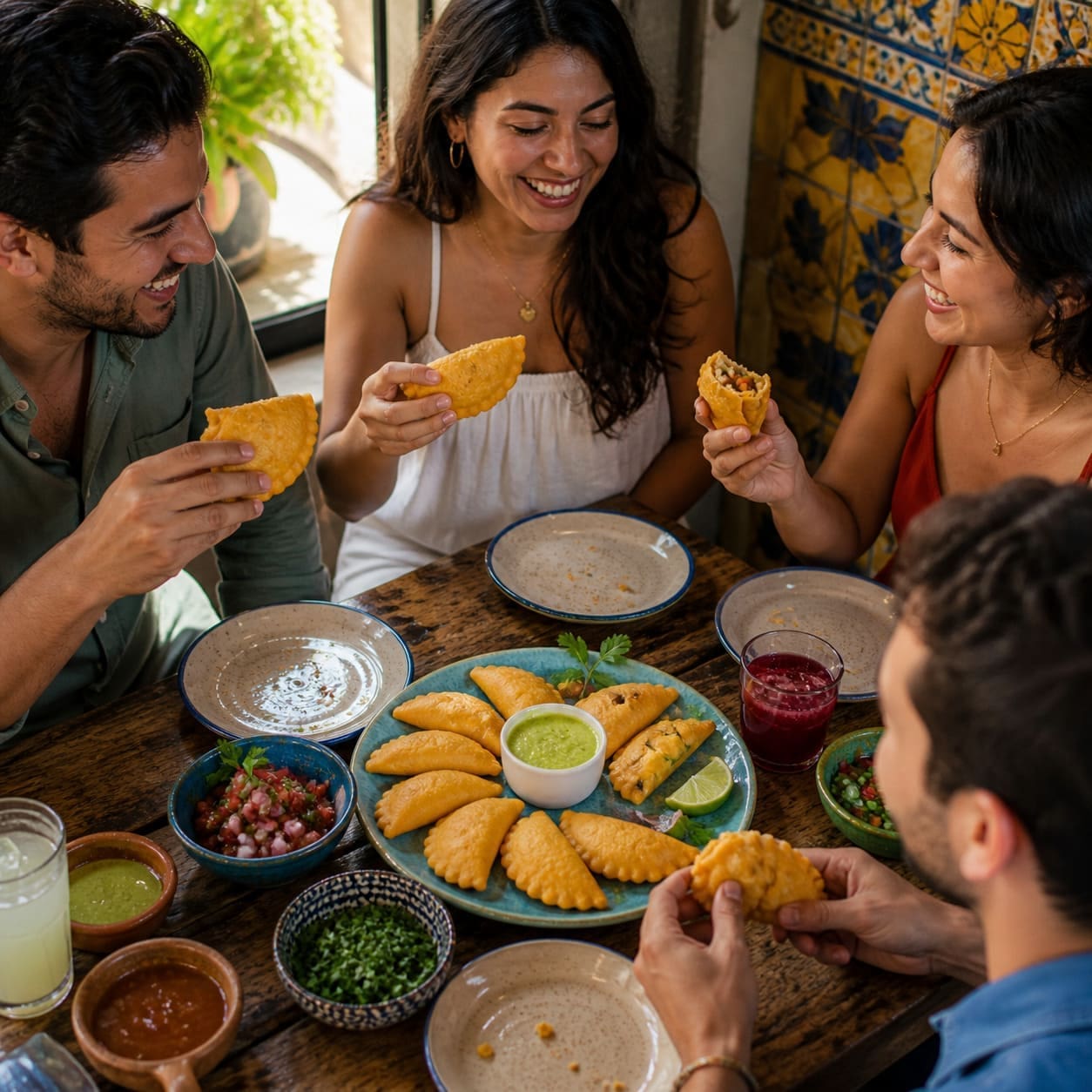 Friends tasting golden empanadas with variety of dips indoors – Illustrative Image