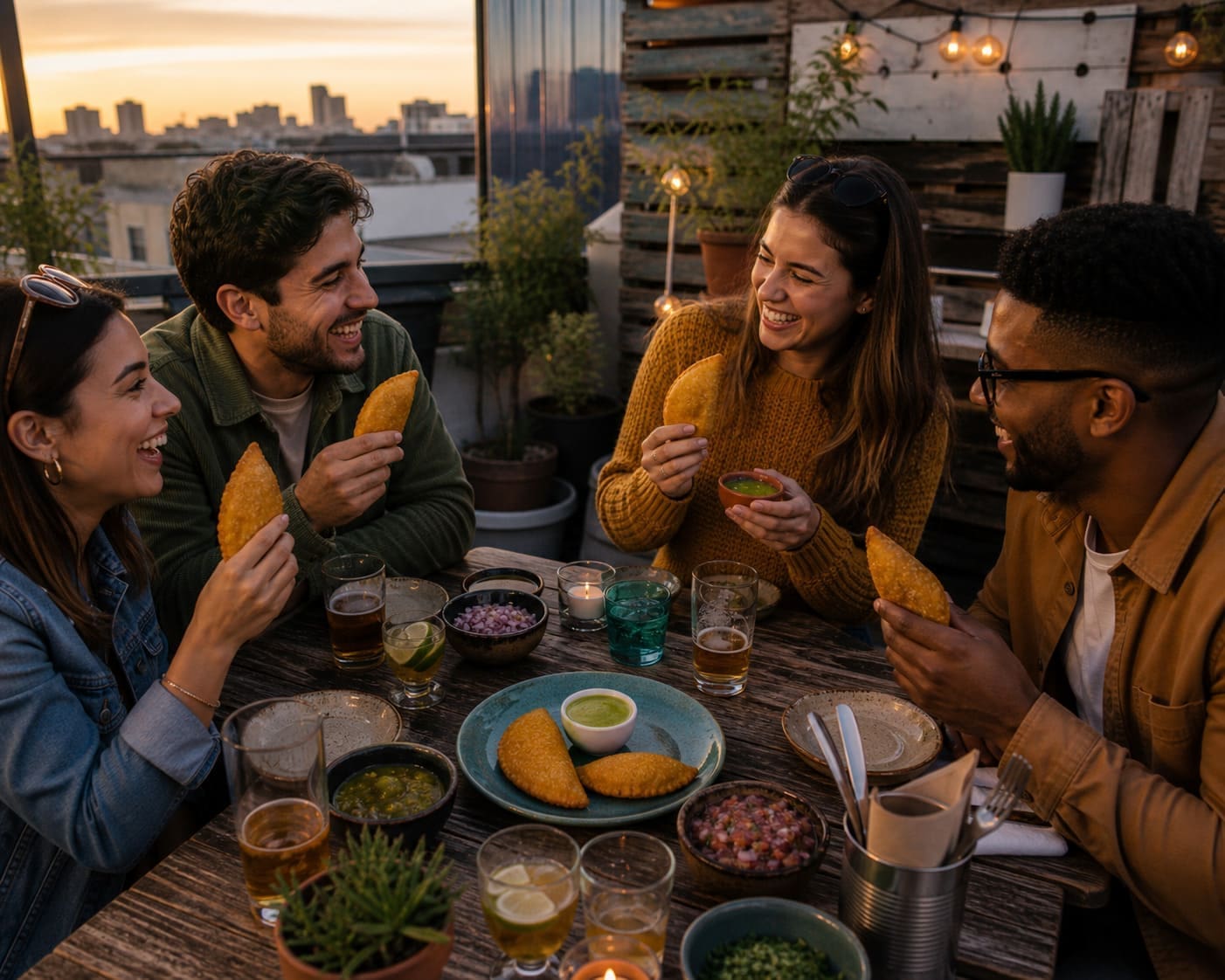 Group of friends enjoying empanadas on rooftop with city view - Illustrative Image