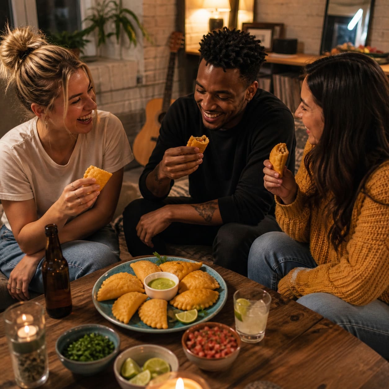 Group of friends tasting assorted empanadas with drinks and dips – Illustrative Image