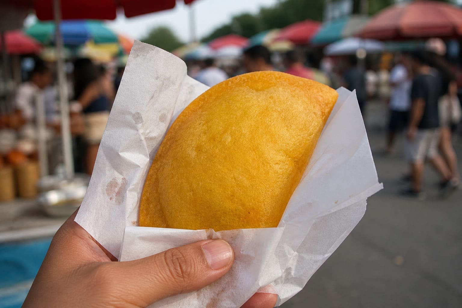 Hand holding a freshly baked empanada at outdoor street food market – Illustrative Image