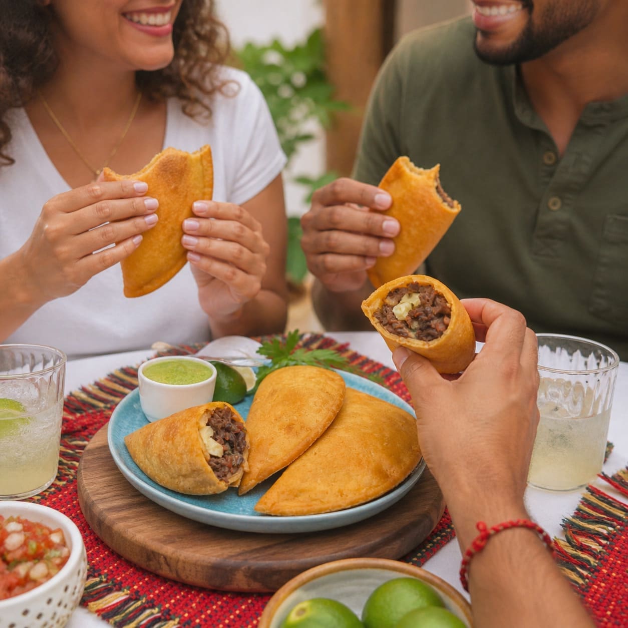 People sharing empanadas filled with shredded beef black beans, plantain and cheese – Illustrative Image
