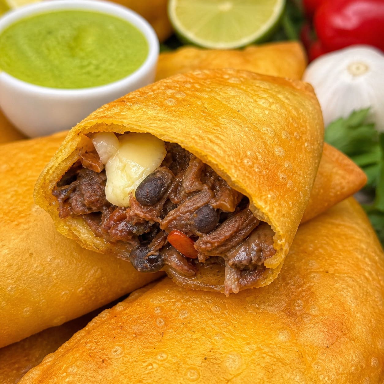 Savoury beef and black bean empanadas with melted cheese and plantain - Illustrative Image