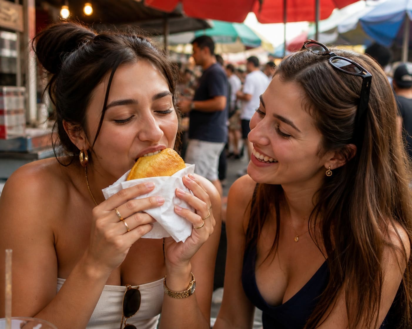 Two friends eating golden empanadas at bustling food market – Illustrative Image