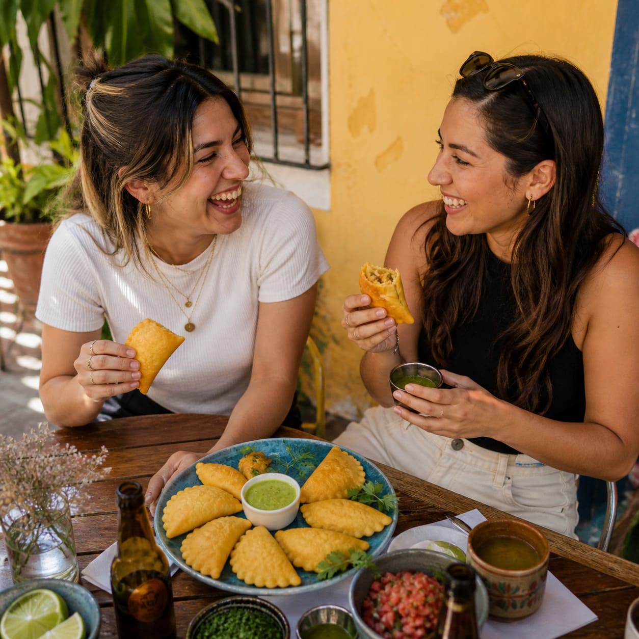Two women enjoying golden empanadas with dipping sauces – Illustrative Image