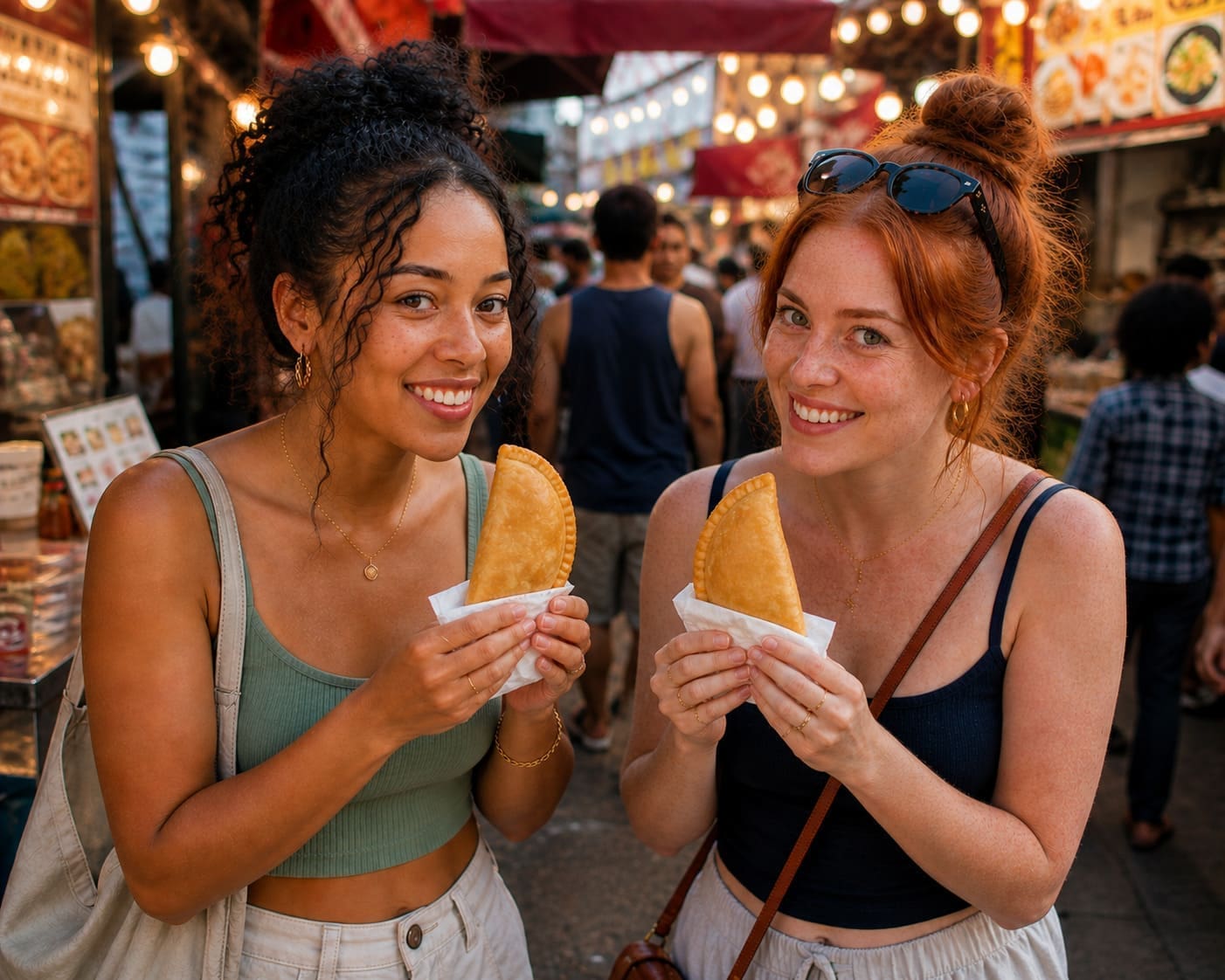 Two women smiling while eating street style empanadas – Illustrative Image