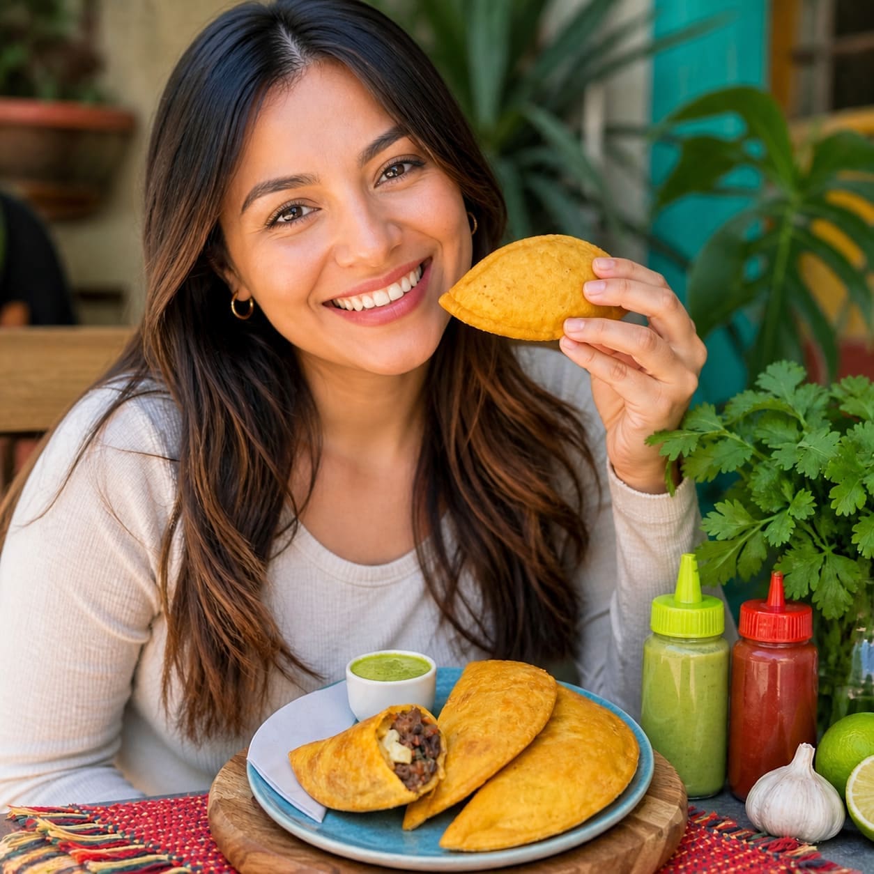 Woman smiling while holding a shredded beef, black bean, plantain and cheese empanada – Illustrative Image