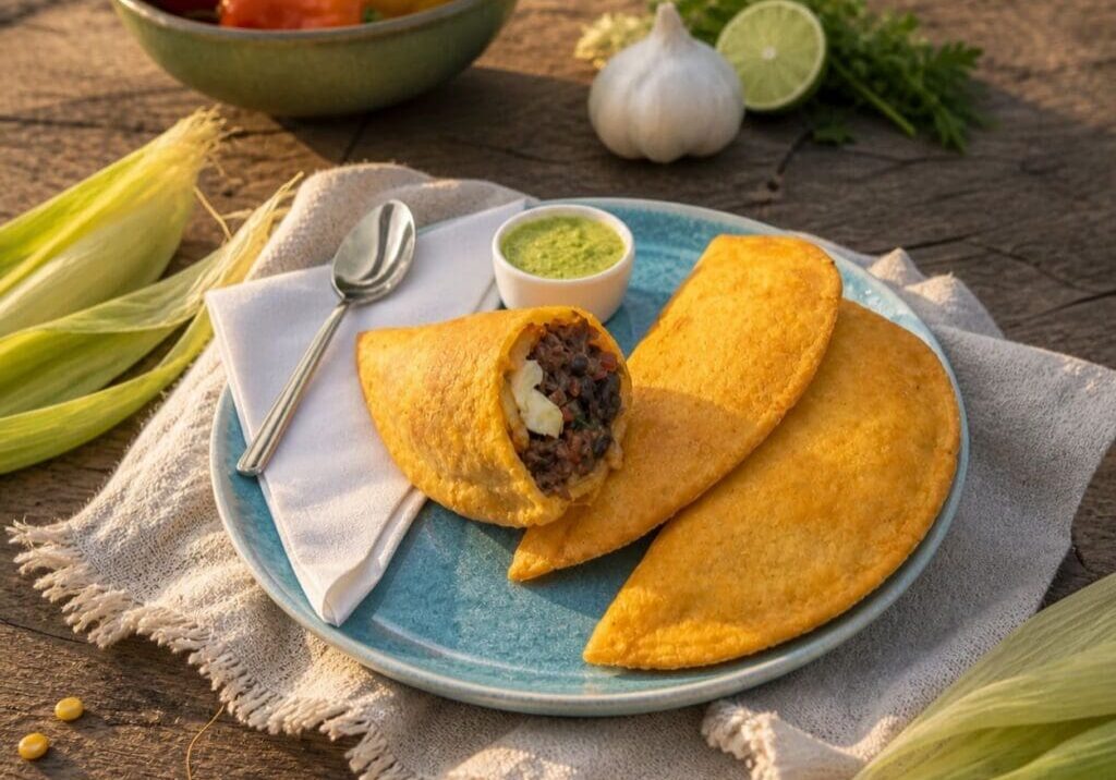 Golden empanadas stuffed with shredded beef black beans, plantain and cheese - Illustrative Image