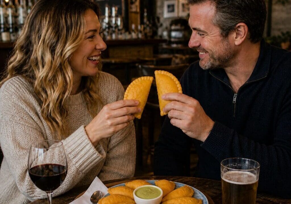 Couple sharing empanadas over wine and beer at in a pub - Illustrative Image