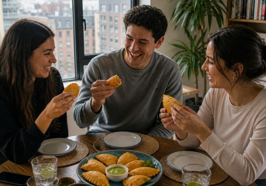 Friends sharing freshly baked empanadas with sauces indoors - Illustrative Image