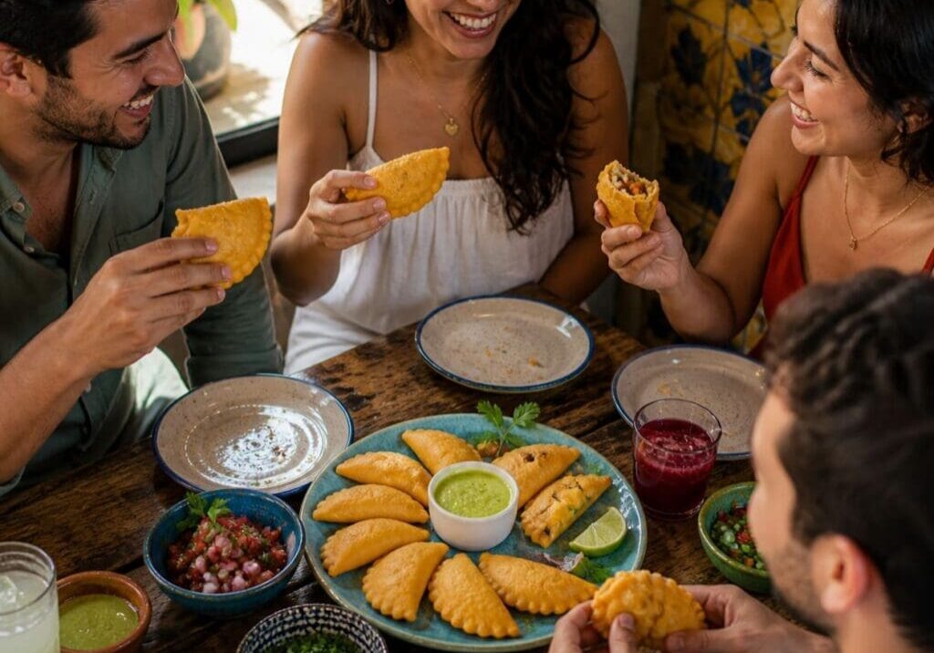 Friends tasting golden empanadas with variety of dips indoors - Illustrative Image