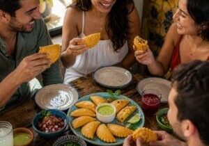 Friends tasting golden empanadas with variety of dips indoors - Illustrative Image