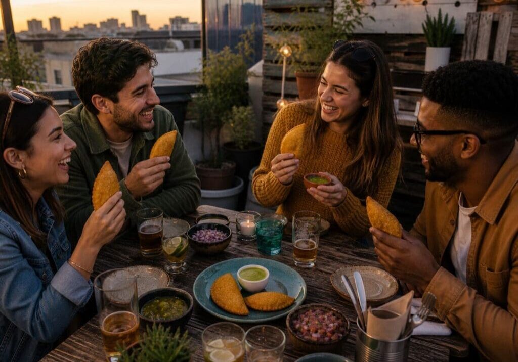 Group of friends enjoying empanadas on rooftop with city view - Illustrative Image