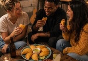 Group of friends tasting assorted empanadas with drinks and dips - Illustrative Image