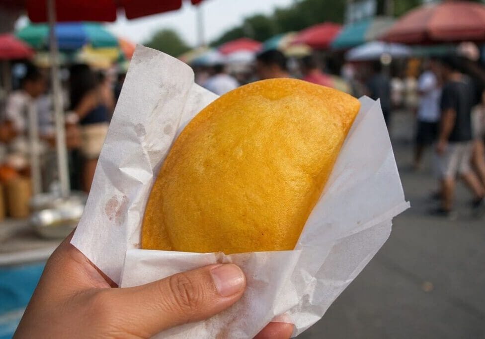 Hand holding a freshly baked empanada at outdoor street food market - Illustrative Image