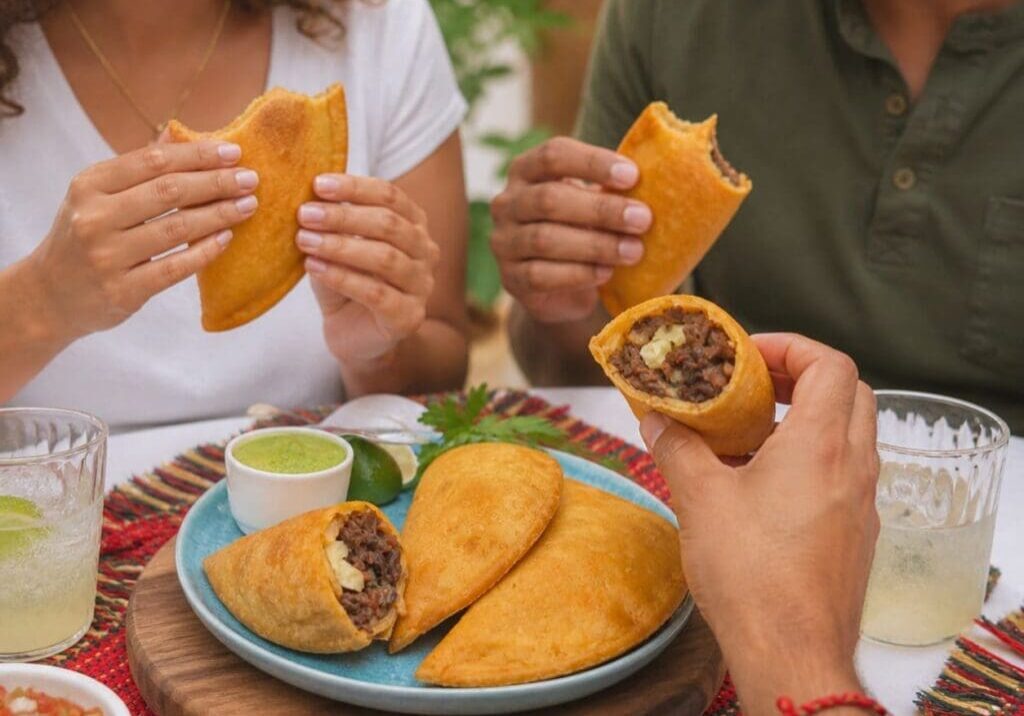 People sharing empanadas filled with shredded beef black beans, plantain and cheese - Illustrative Image