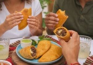 People sharing empanadas filled with shredded beef black beans, plantain and cheese - Illustrative Image