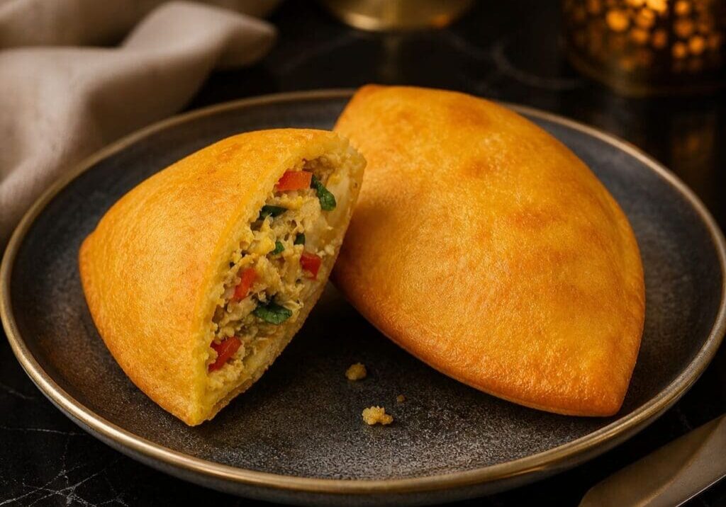 Shredded chicken empanadas plated with herbs and dipping sauce - Illustrative Image