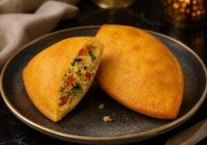 Shredded chicken empanadas plated with herbs and dipping sauce - Illustrative Image