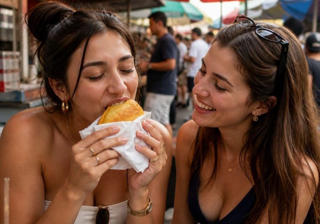Two friends eating golden empanadas at bustling food market - Illustrative Image