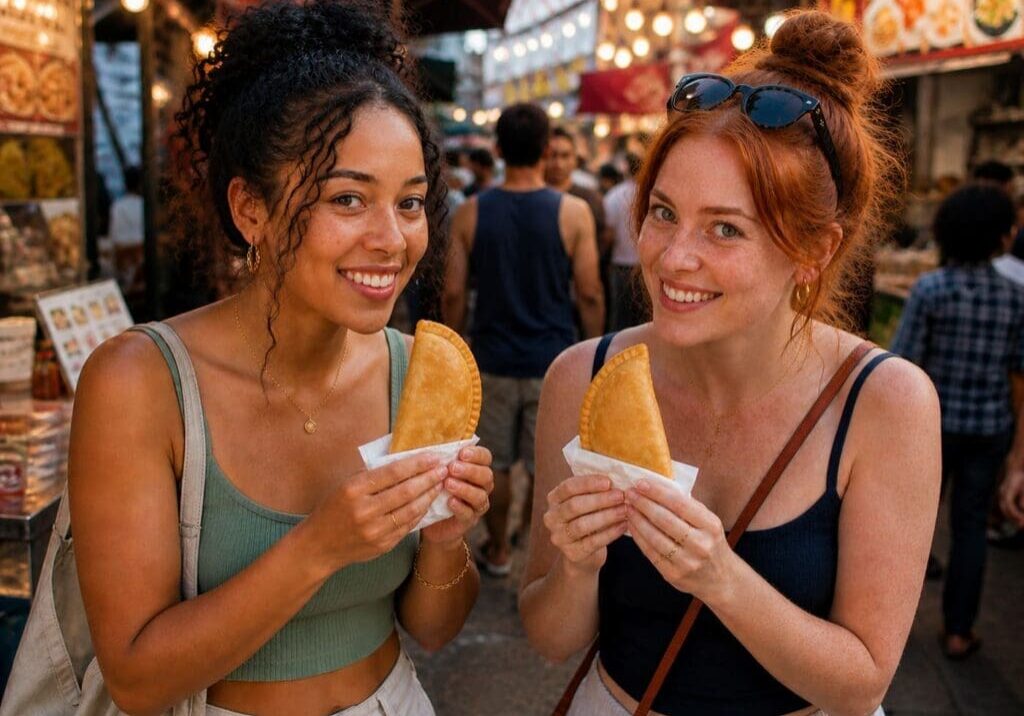Two women smiling while eating street-style empanadas - Illustrative Image