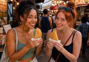 Two women smiling while eating street-style empanadas - Illustrative Image