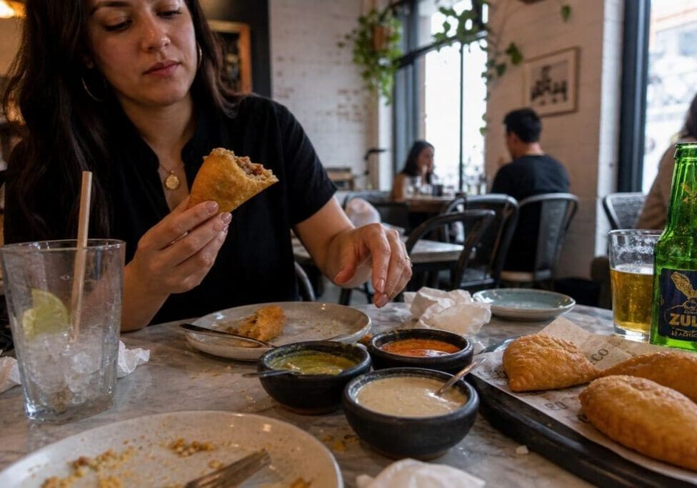 Woman enjoying a golden empanada with dipping sauces at cafe - Illustrative Image