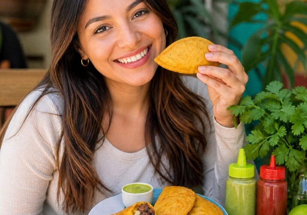 Woman smiling while holding a shredded beef, black bean, plantain and cheese empanada - Illustrative Image