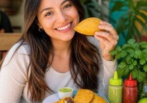 Woman smiling while holding a shredded beef, black bean, plantain and cheese empanada - Illustrative Image